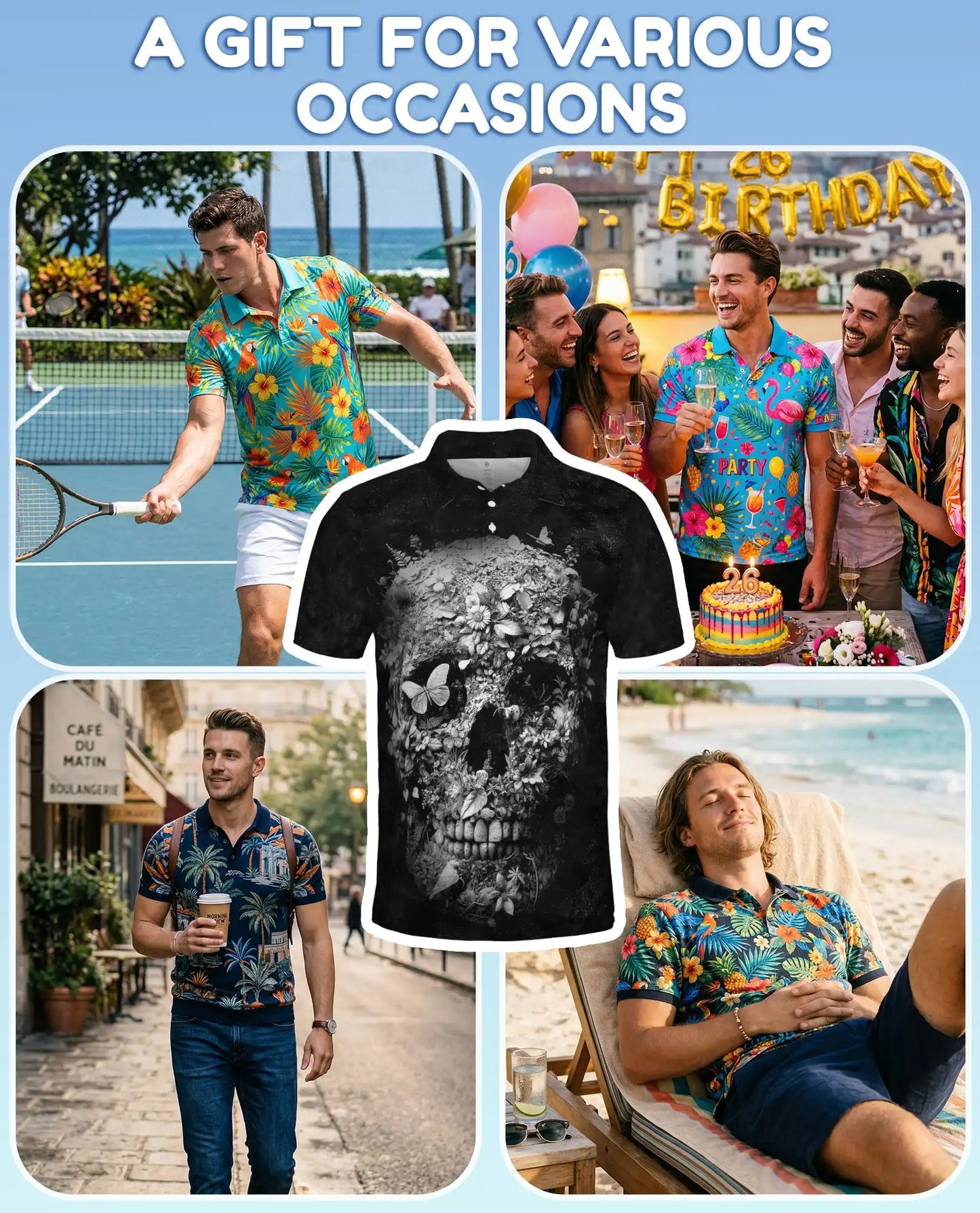 Floral Skull Gothic Polo Shirt, Dark Botanical Style | Netecom