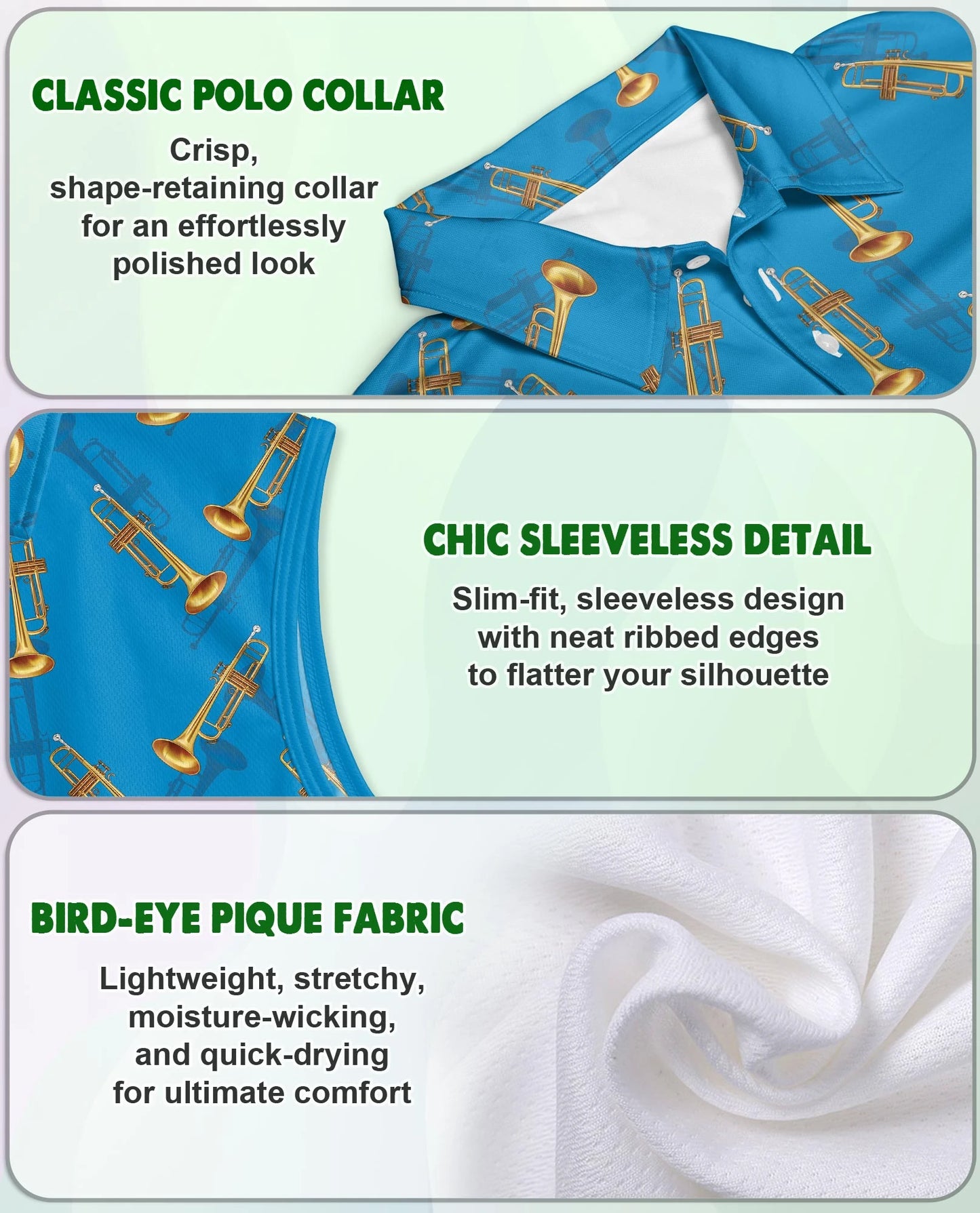 Trombone Pattern Sleeveless Polo Shirt for Women | Netecom