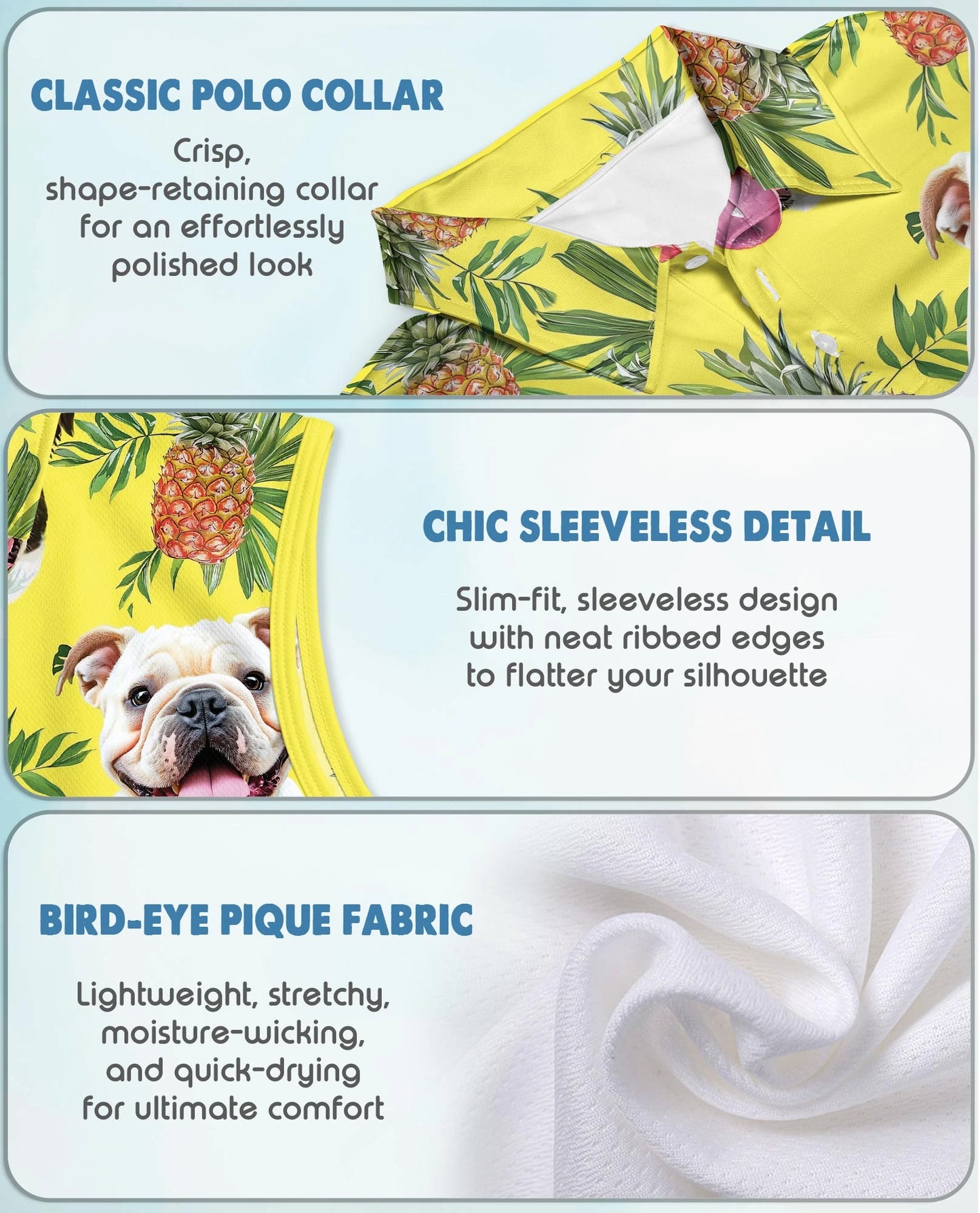 English Bulldog Tropical Sleeveless Polo Shirt for Women | Netecom