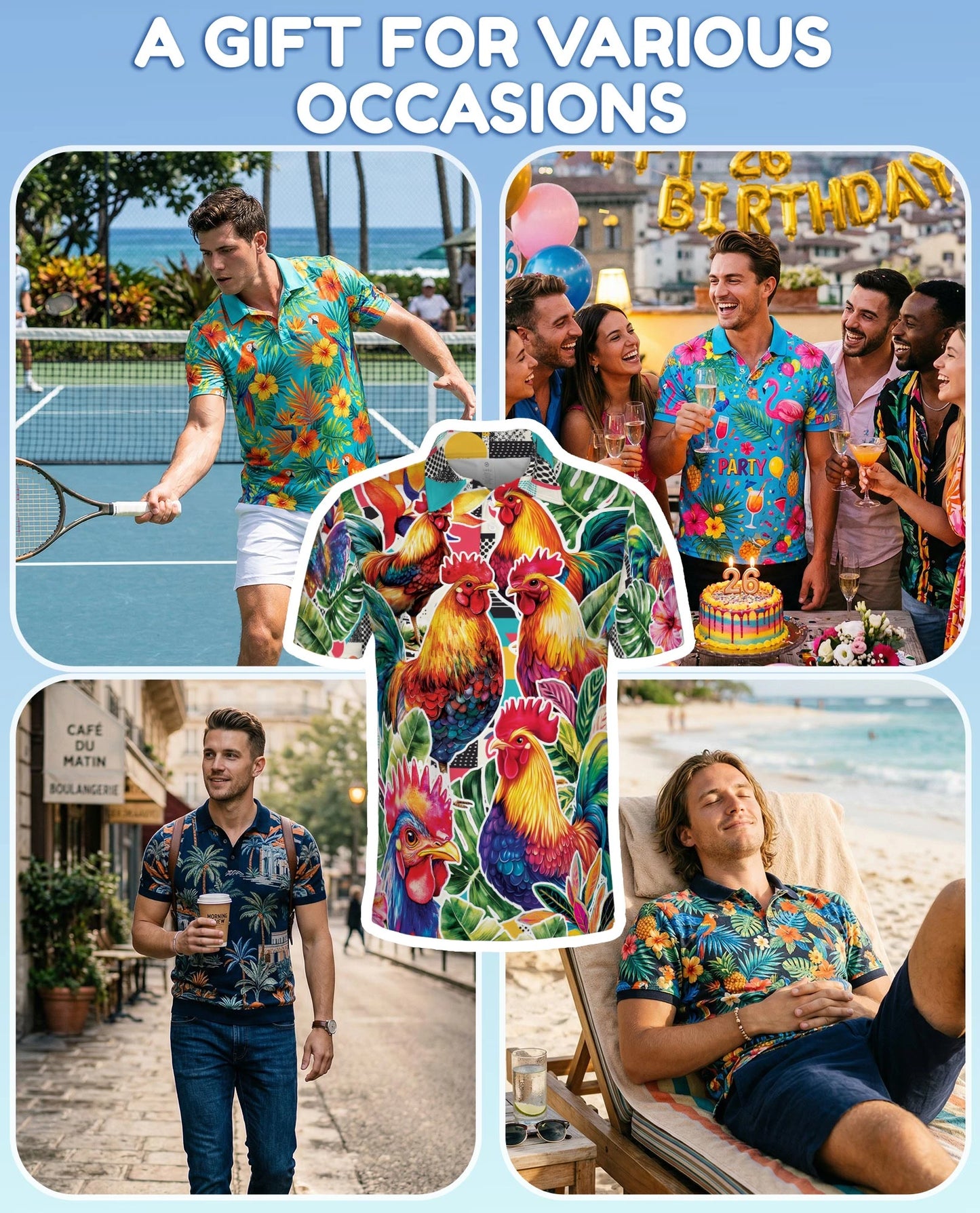 Tropical Rooster Polo Shirt for Men – Colorful Farm Animal Style | Netecom