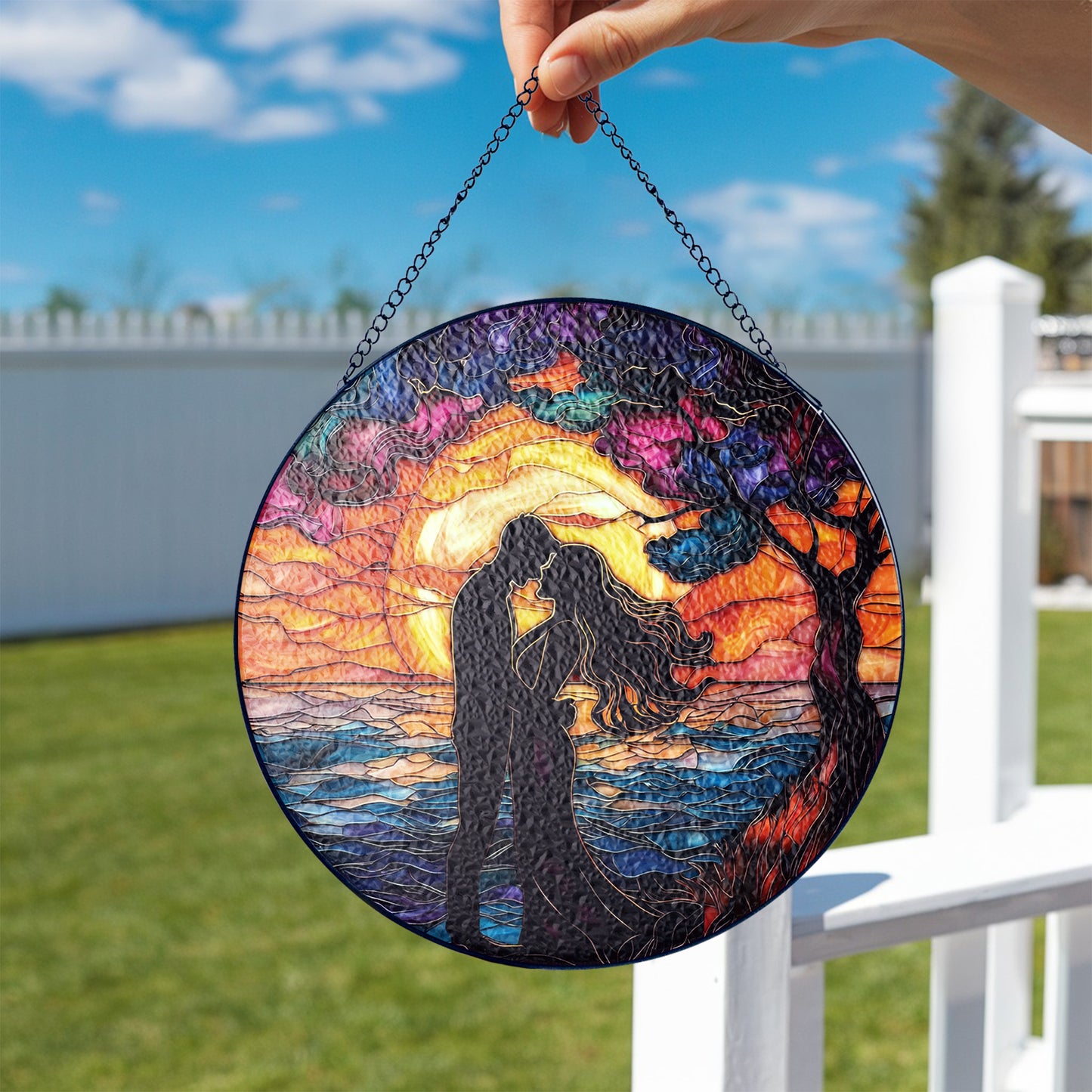 Netecom Romantic Couple Stained Glass Ornament – Sunset Silhouette Sun Catcher, Ideal Gift for Lovers