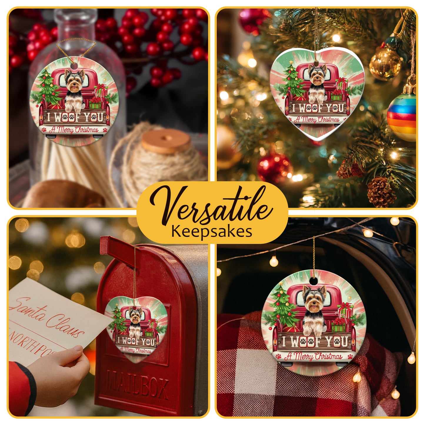 Netecom Funny Yorkshire Terrier in Red Truck Ornament, I Woof You Merry Christmas Ceramic Ornament for Christmas Tree Hanging Decorations Gift, Dog Lover Gifts, Holiday Celebration Present