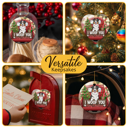 Netecom Cute Australian Shepherd in Holiday Truck Ornament, I Woof You Merry Christmas Ceramic Ornament for Christmas Tree Hanging Decorations Gift, Pet Lover Gifts, Holiday Decor Present