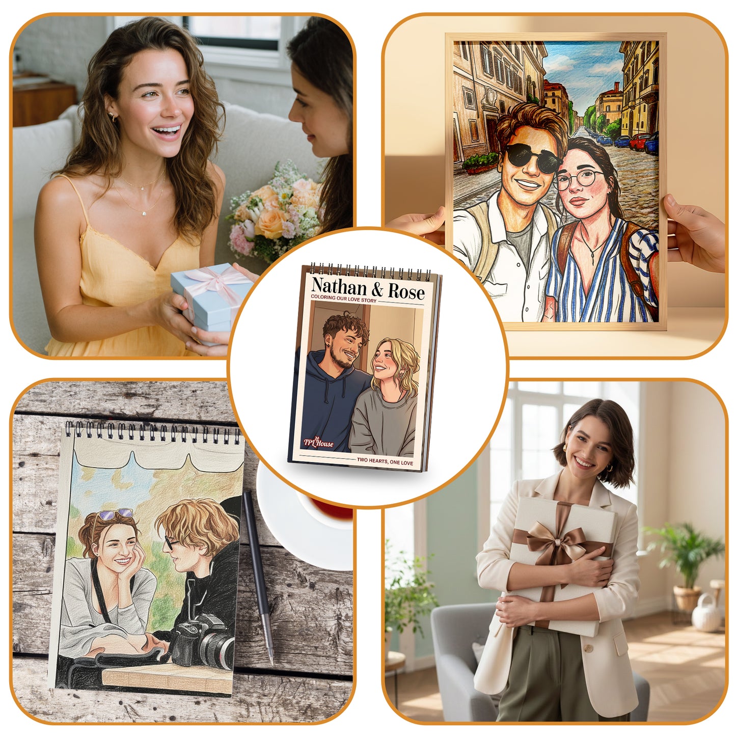 Personalized Couple Memory Coloring Book for Adults – Custom Coloring Pages from Your Photos , 12–48 Pages, Keepsake for Newlyweds, Premium Wooden Cover, Spiral Binding
