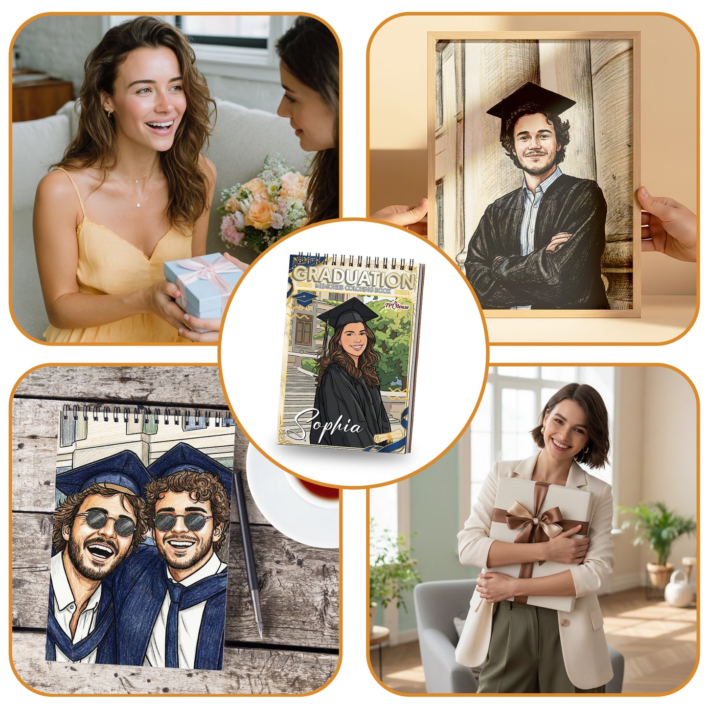 Personalized Graduation Coloring Book for Adults, Custom Coloring Pages from Your Graduation Photos, 12–48 Pages, Class of 2026 Gifts, Premium Wooden Cover, Spiral Binding