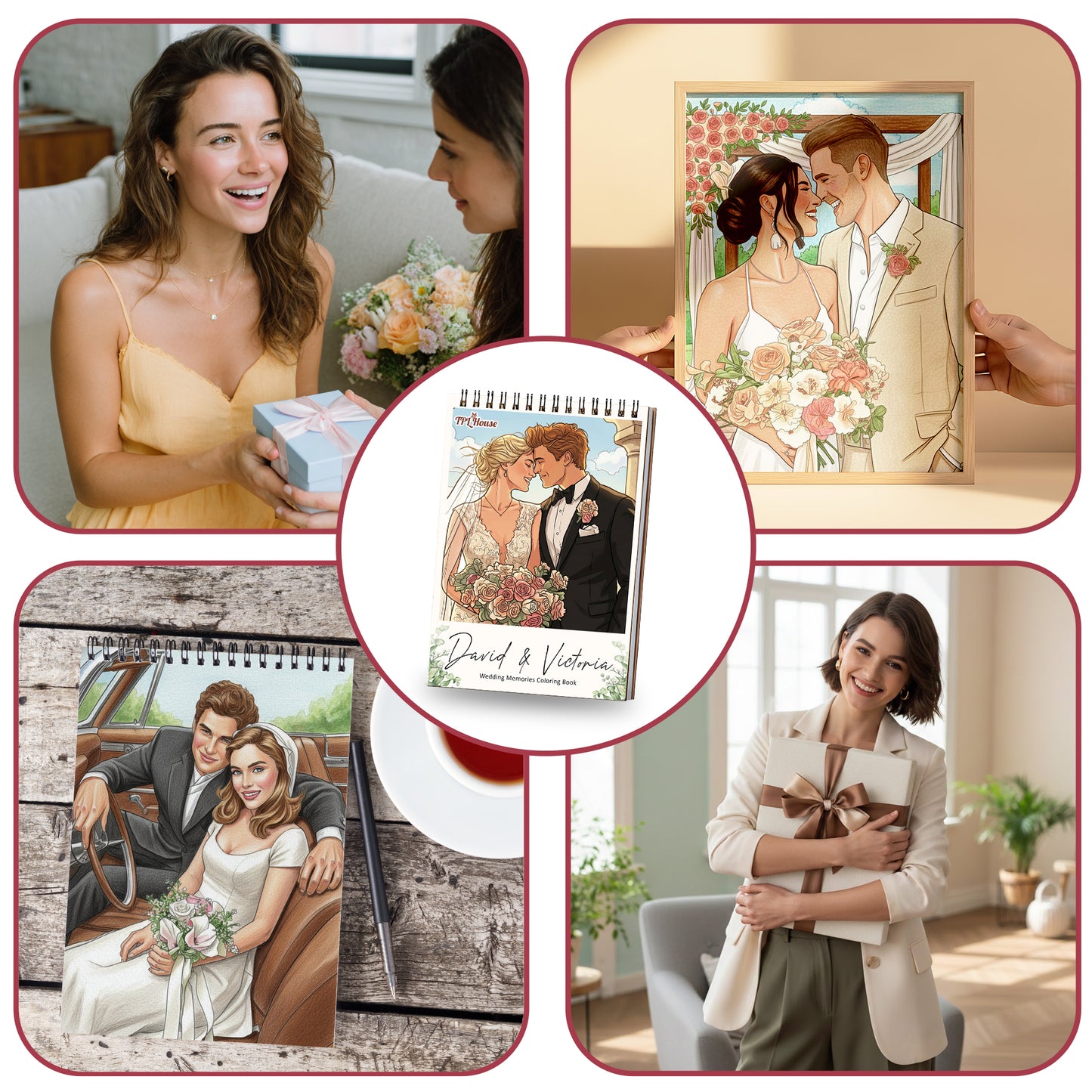 Personalized Wedding Memory Coloring Book for Adults – Custom Coloring Pages from Your Wedding Photos , 12–48 Pages, Memory Keepsake Gift, Premium Wooden Cover, Spiral Binding