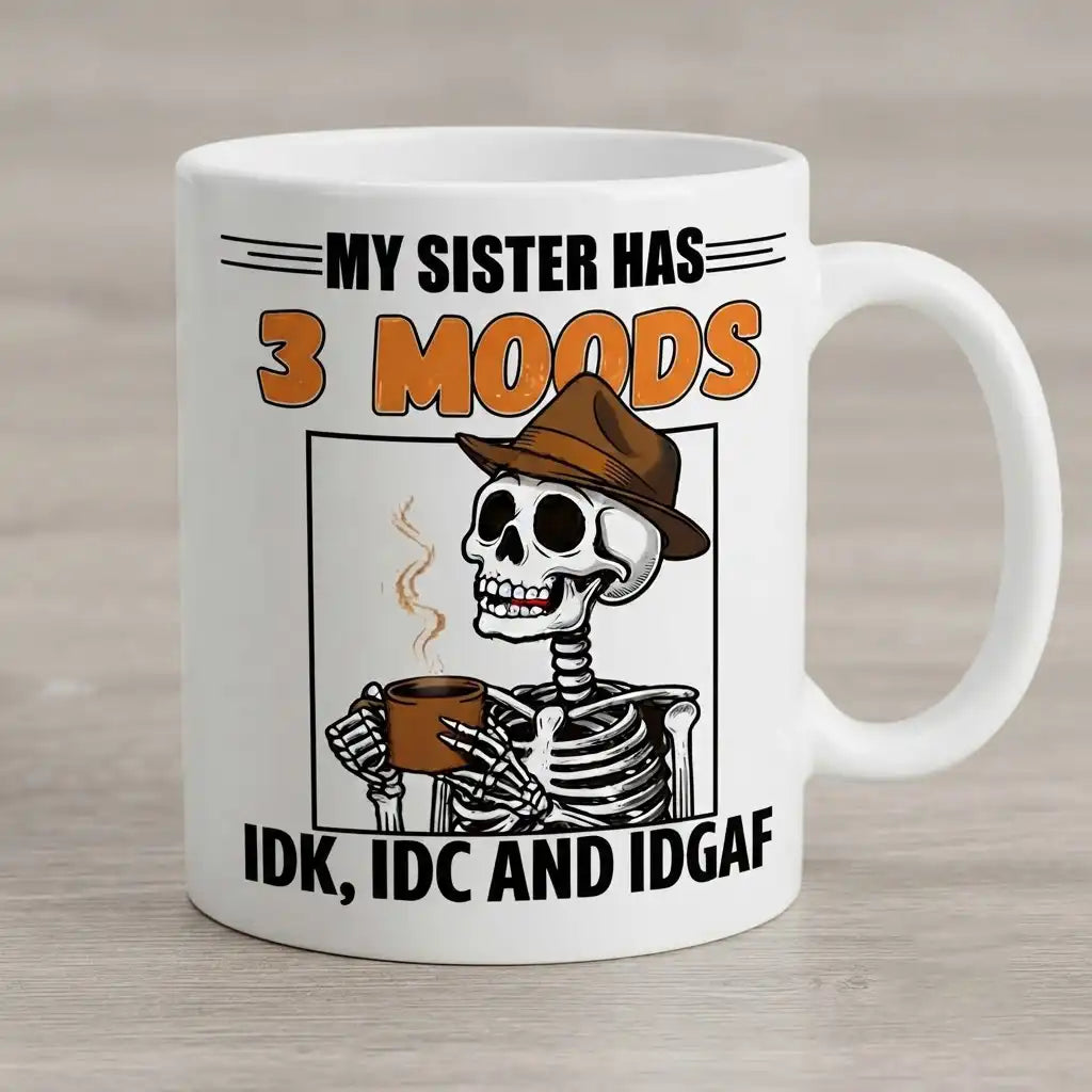 Funny Sister Coffee Mug, 3 Moods Sister Gift, Sarcastic Sister Mug, Skeleton Coffee Cup