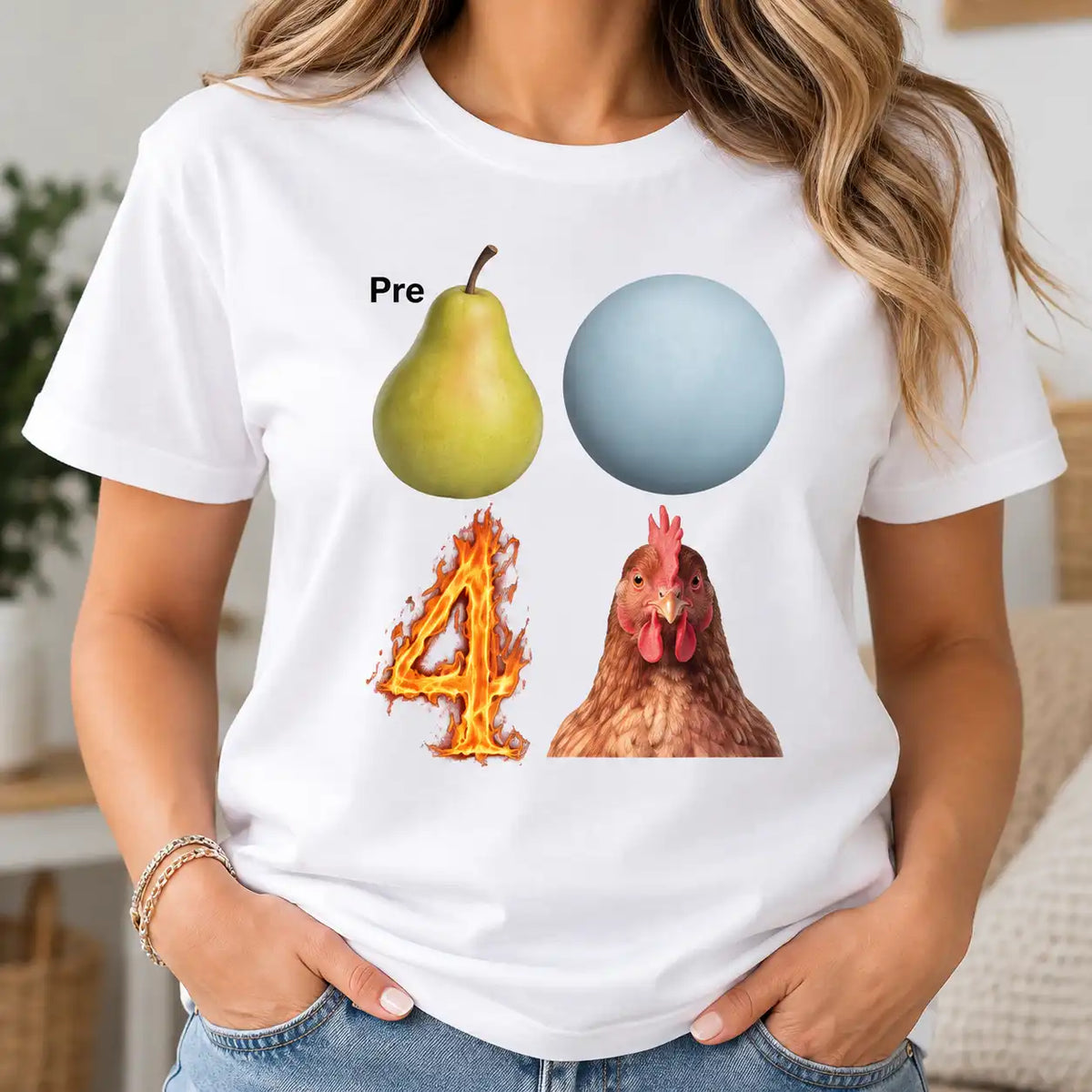 Funny Chicken Graphic T-Shirt for Women, Quirky Pear Ball 4 Chicken Design, Farmhouse Humor Tee