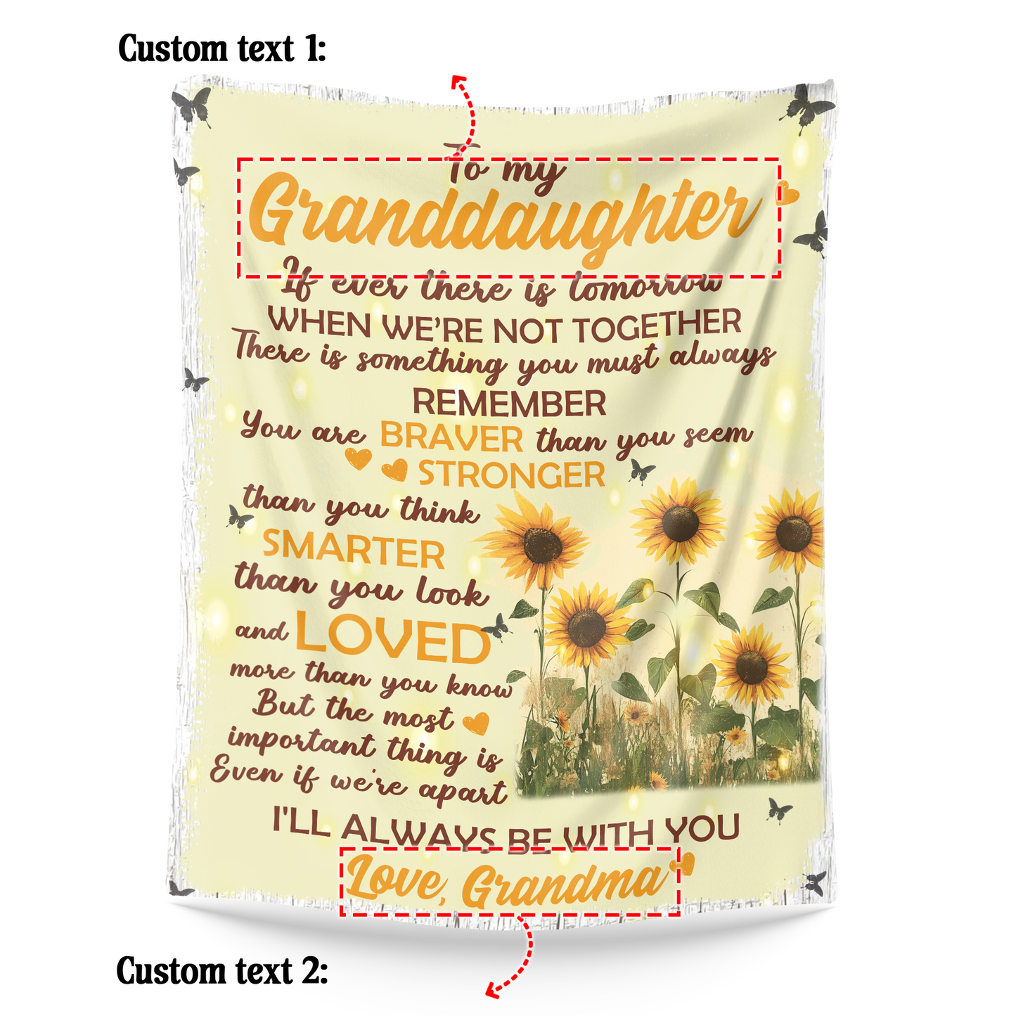 Netecom Personalized To My Granddaughter Blanket from Grandma and Grandpa, Ultra Soft Warm Sunflower Butterfly Throw Blanket for Couch, Bed or Sofa, Present for Christmas, Graduation or Anniversary