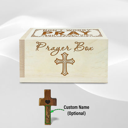 Netecom Wooden Prayer Box with Bible Verse Engraving, 100 Prayer Request Cards & Personalized Name Cross – Religious Faith Gift