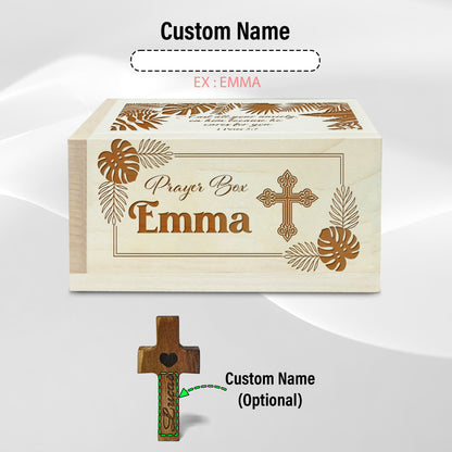 Netecom Personalized Wooden Prayer Box with Custom Name Hand Cross, 100 Prayer Request Cards – Christian Gift for Christmas, Easter & Everyday Prayer