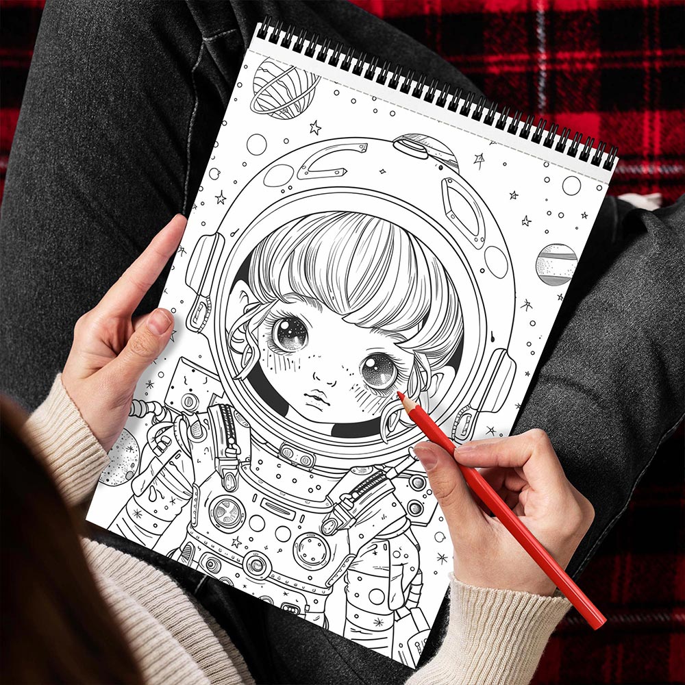 MOTAVYN Kawaii Astronaut Girl Spiral Bound Coloring Book for Adults