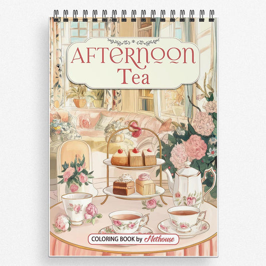 NETHOUSE Afternoon Tea Coloring Book For Adults Relaxation & Stress Relief, 30 Coloring Pages of Elegant Tea Sets, Cozy Tea Parties, Delicate Teacups, and Charming Afternoon Garden Scenes