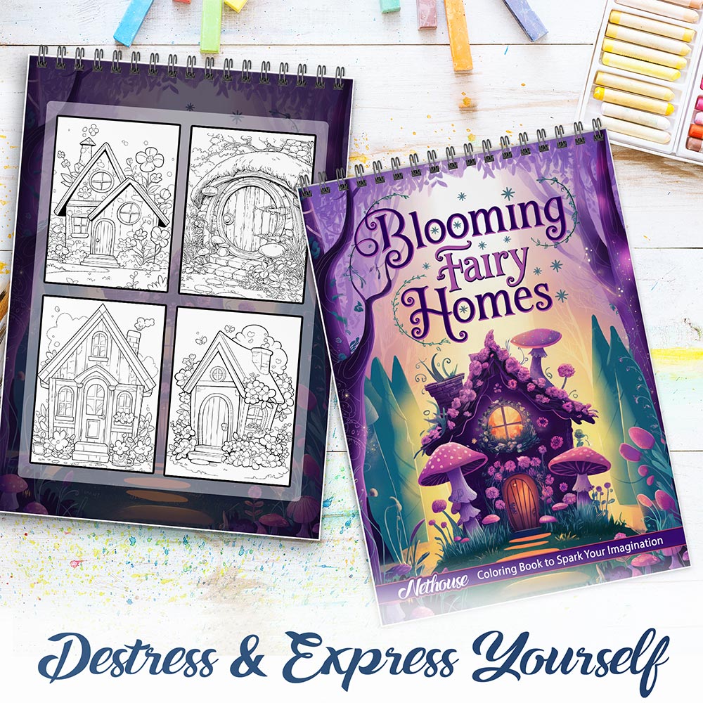NETHOUSE Blooming Fairy Homes Spiral Coloring Book For Adults