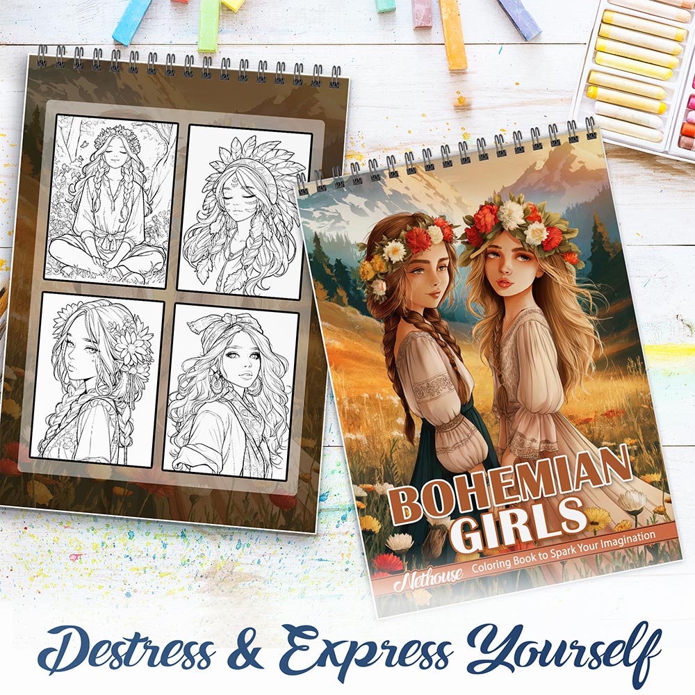 NETHOUSE Bohemian Girls Spiral Coloring Book For Adults