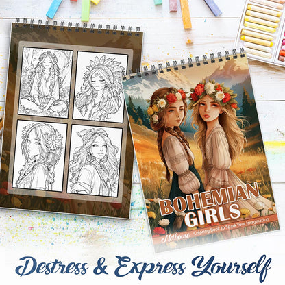 NETHOUSE Bohemian Girls Spiral Coloring Book For Adults