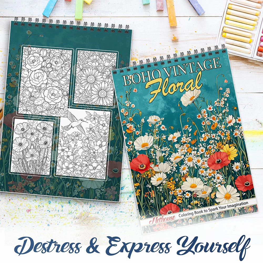NETHOUSE Boho Vintage Floral Spiral Coloring Book For Adults