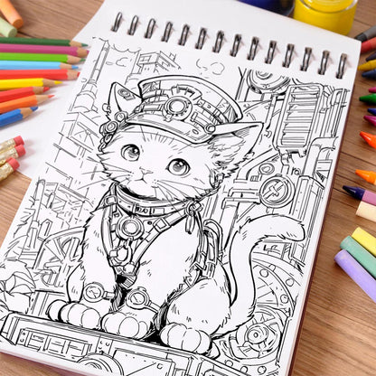 NETHOUSE Cat Steampunk Coloring Book Spiral Bound For Adults