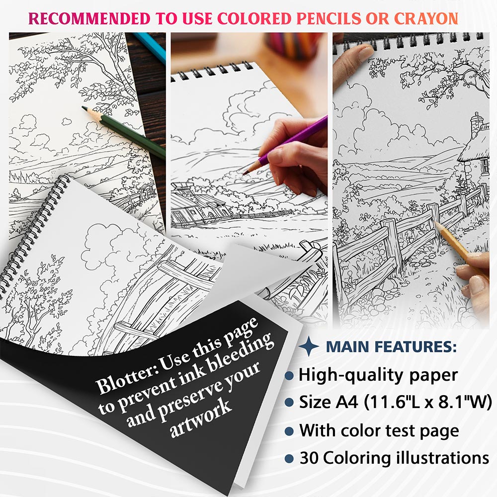 NETHOUSE Countryside Scenes Coloring Sheets For Adults