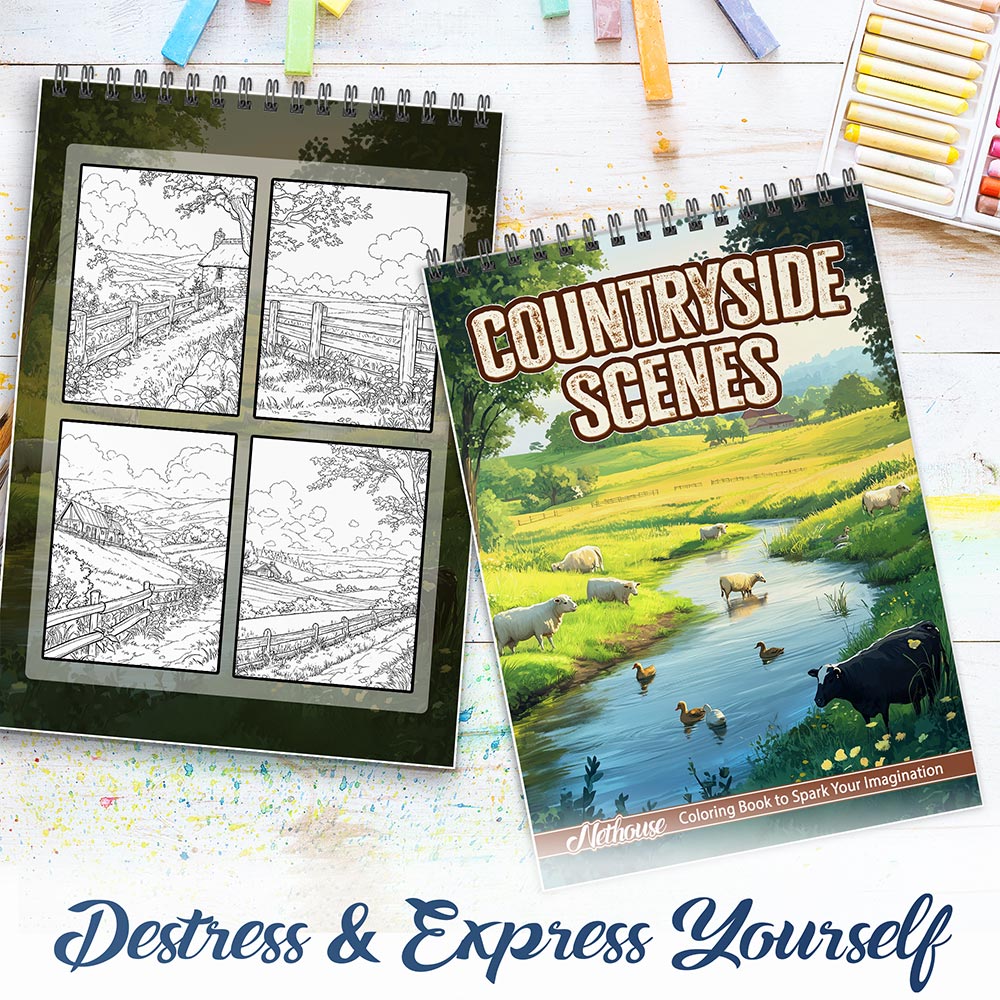 NETHOUSE Countryside Scenes Spiral Coloring Book For Adults