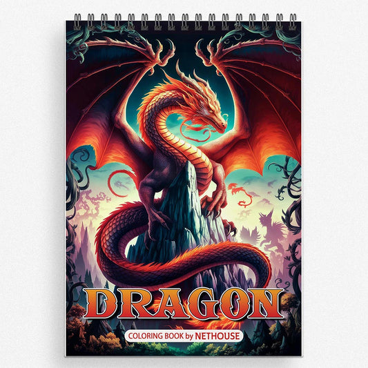 NETHOUSE Dragon Spiral Coloring Book for Adults Relaxation & Stress Relief, 30 Coloring Pages of Legendary Dragons, Fantasy Landscapes, Intricate Scales, Epic Mythical Illustrations