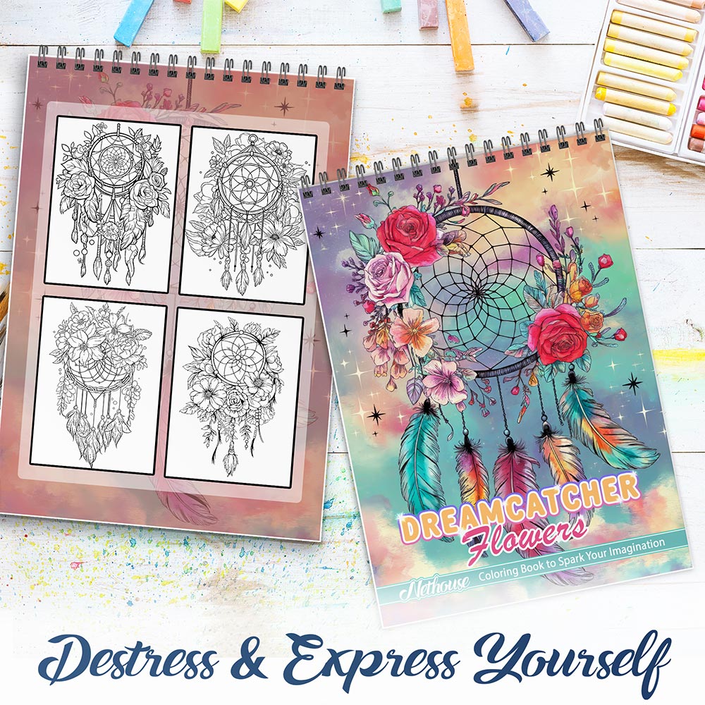 NETHOUSE Dreamcatcher Flowers Spiral Coloring Book For Adults