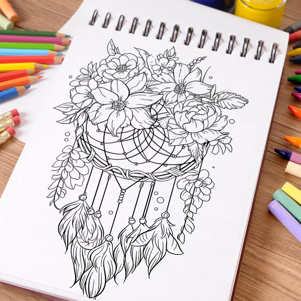 NETHOUSE Dreamcatcher Flowers Coloring Book Spiral Bound For Adults