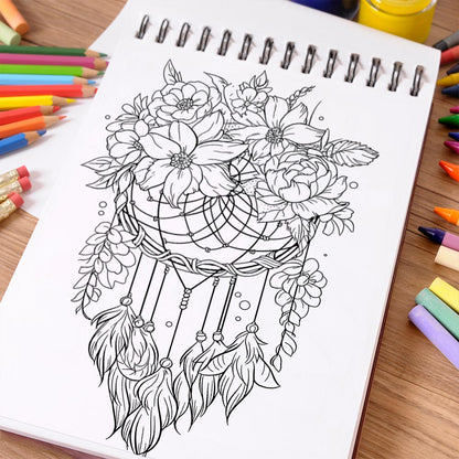 NETHOUSE Dreamcatcher Flowers Coloring Book Spiral Bound For Adults