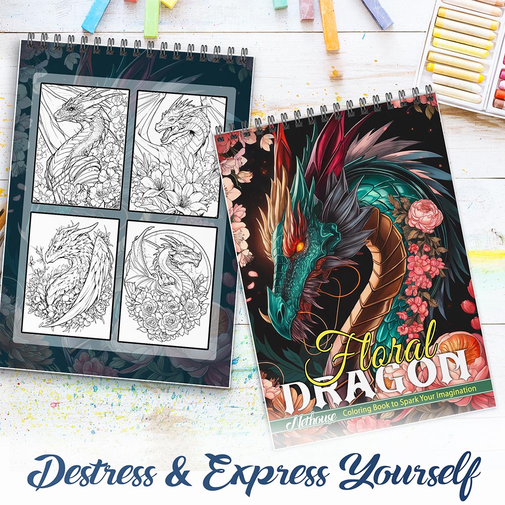 NETHOUSE Floral Dragon Spiral Coloring Book For Adults