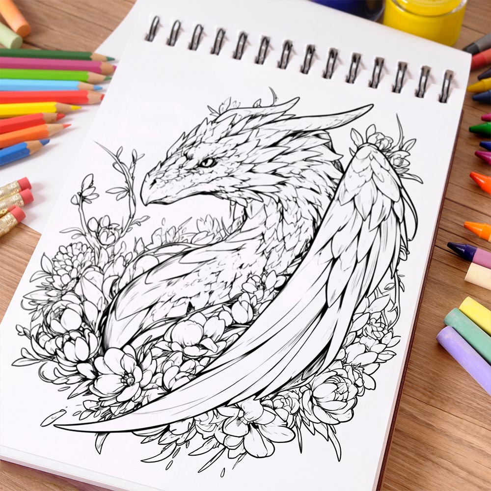 NETHOUSE Floral Dragon Coloring Book Spiral Bound For Adults