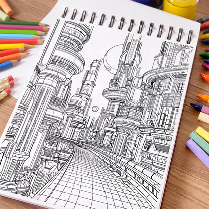 NETHOUSE Futuristic City Coloring Book Spiral Bound For Adults