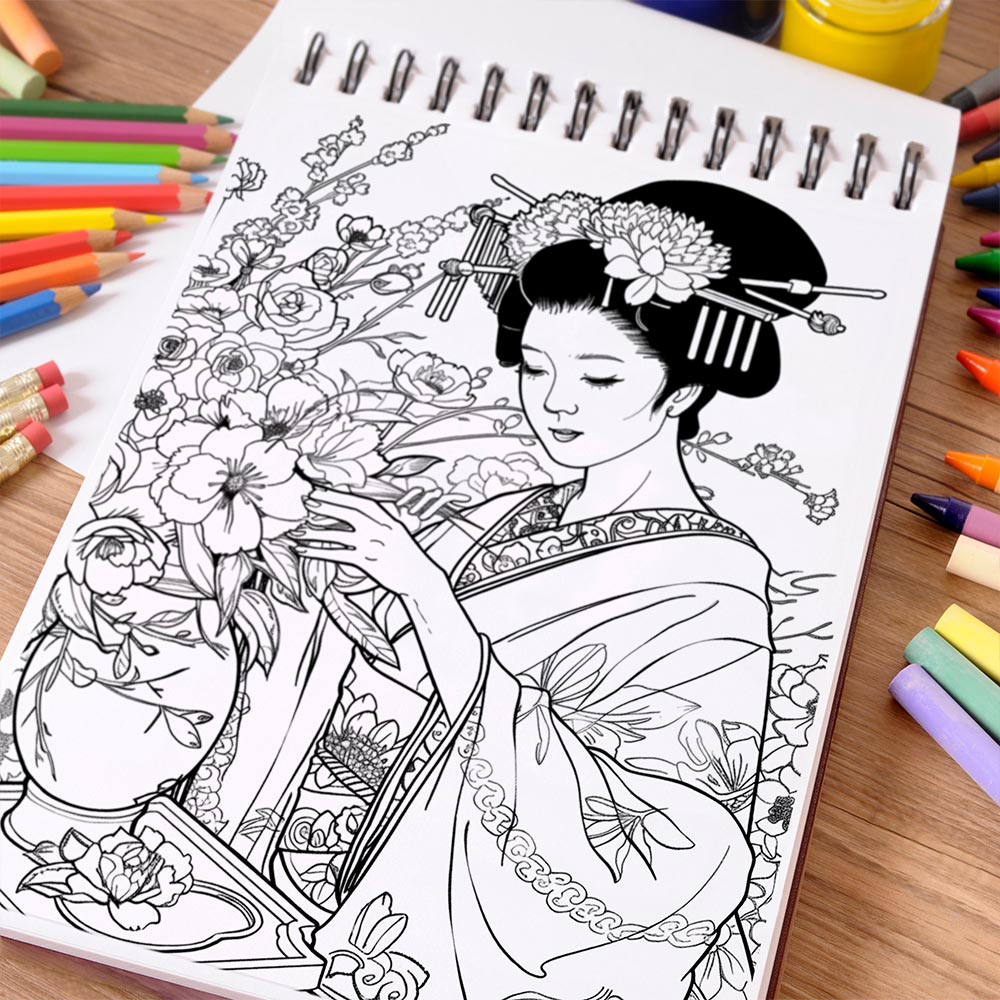NETHOUSE Geisha Coloring Book Spiral Bound For Adults