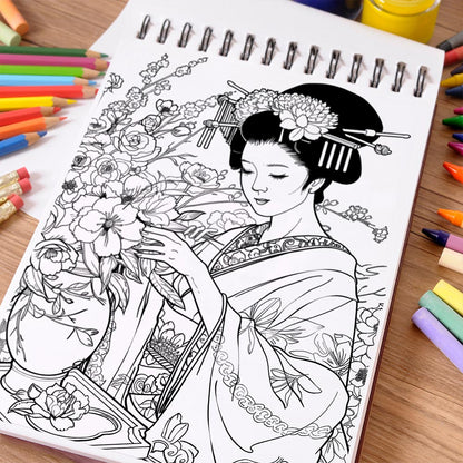 NETHOUSE Geisha Coloring Book Spiral Bound For Adults