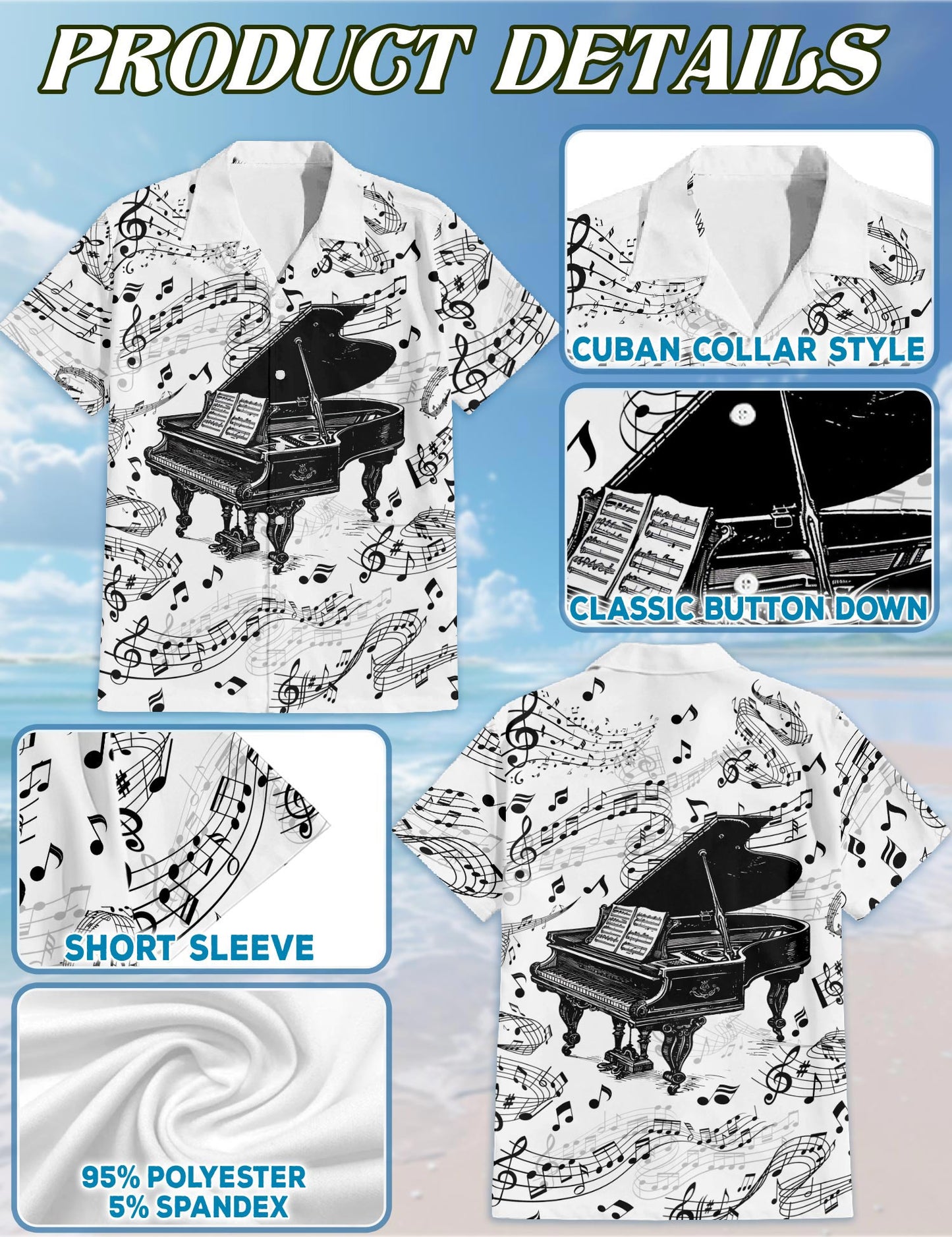 Netecom Grand Piano Hawaiian Shirt for Men, Piano Lover Gifts, Musical Instrument Button Down Summer Aloha Beach Shirts, S-5XL