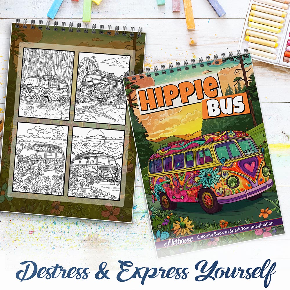 NETHOUSE Hippie Bus Spiral Coloring Book For Adults