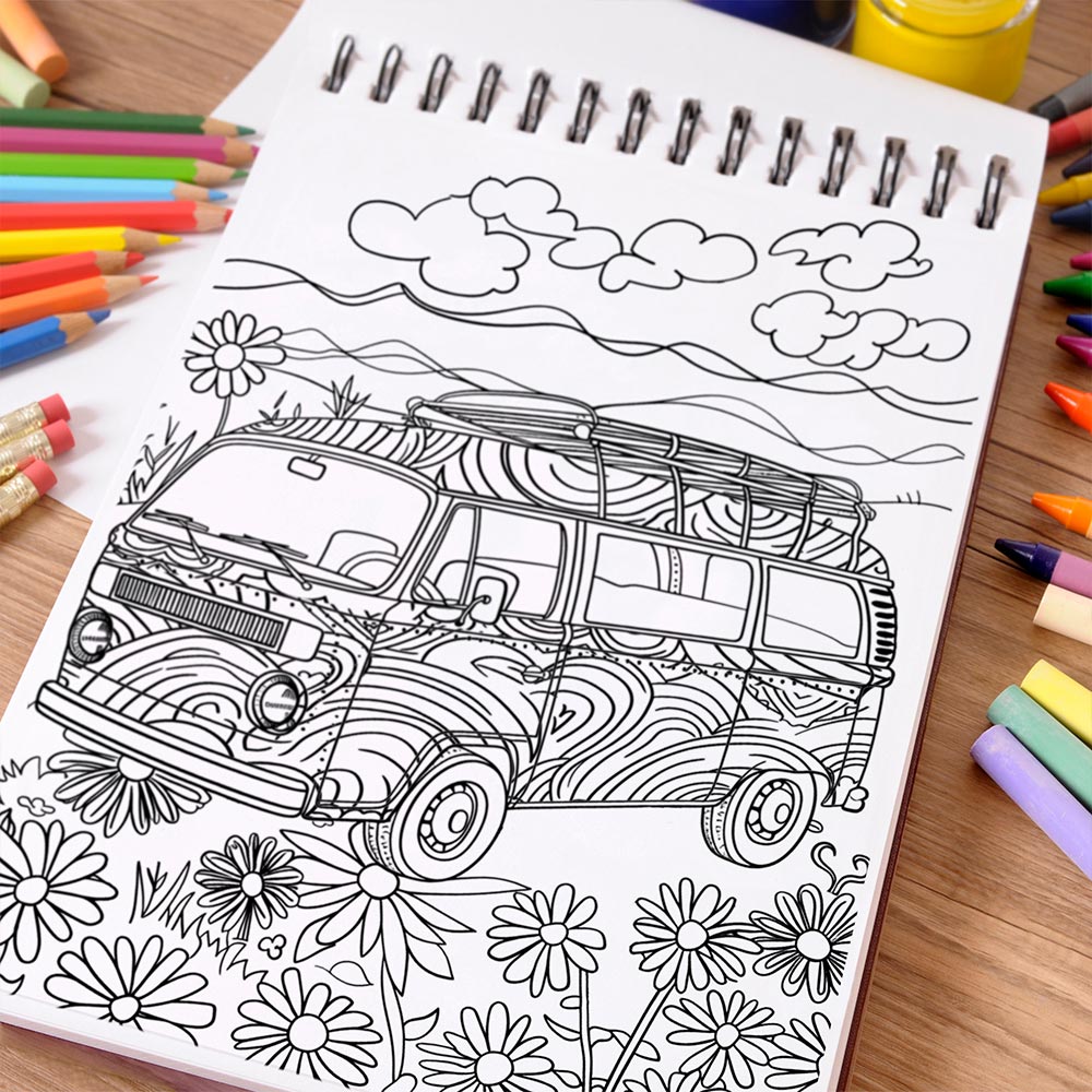 NETHOUSE Hippie Bus Coloring Book Spiral Bound For Adults
