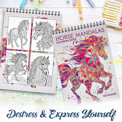 NETHOUSE Horse Mandalas Spiral Coloring Book for Adults
