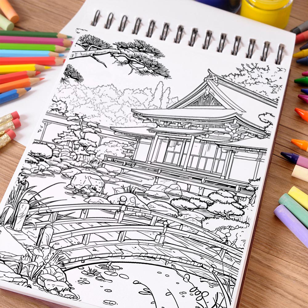NETHOUSE Japanese Garden Coloring Book Spiral Bound For Adults