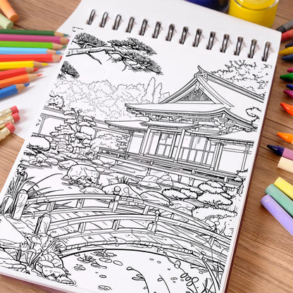 NETHOUSE Japanese Garden Coloring Book Spiral Bound For Adults