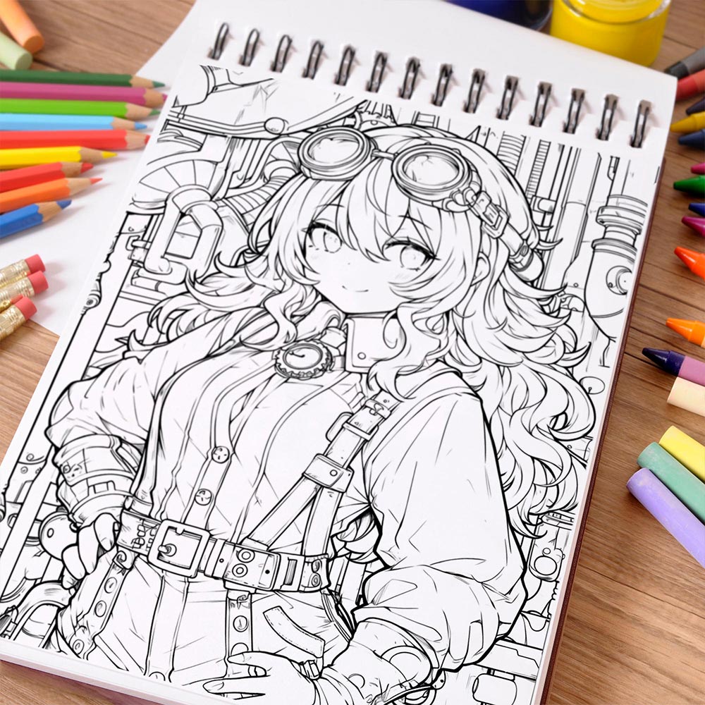 NETHOUSE Kawaii Steampunk Girls Coloring Book Spiral Bound For Adults