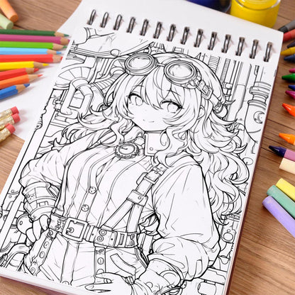 NETHOUSE Kawaii Steampunk Girls Coloring Book Spiral Bound For Adults