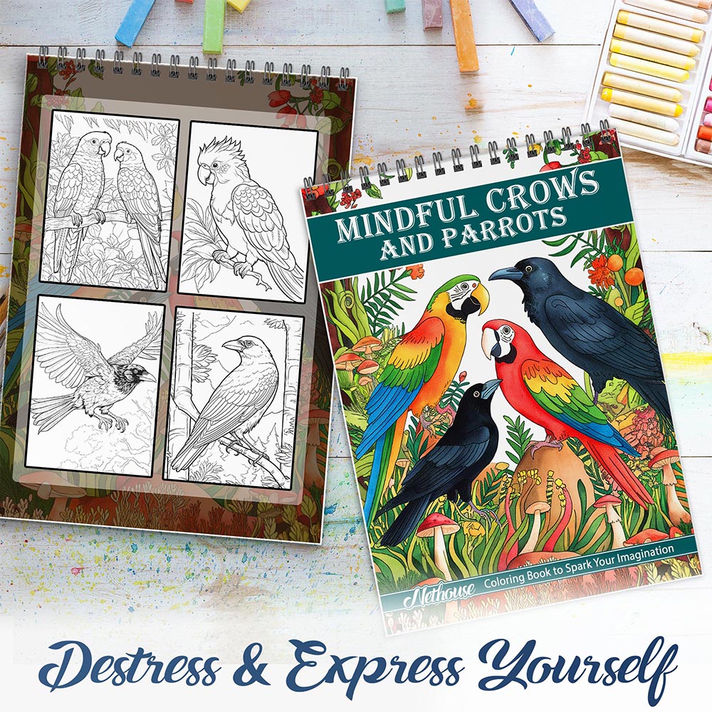 NETHOUSE Mindful Crows And Parrots Spiral Coloring Book For Adults