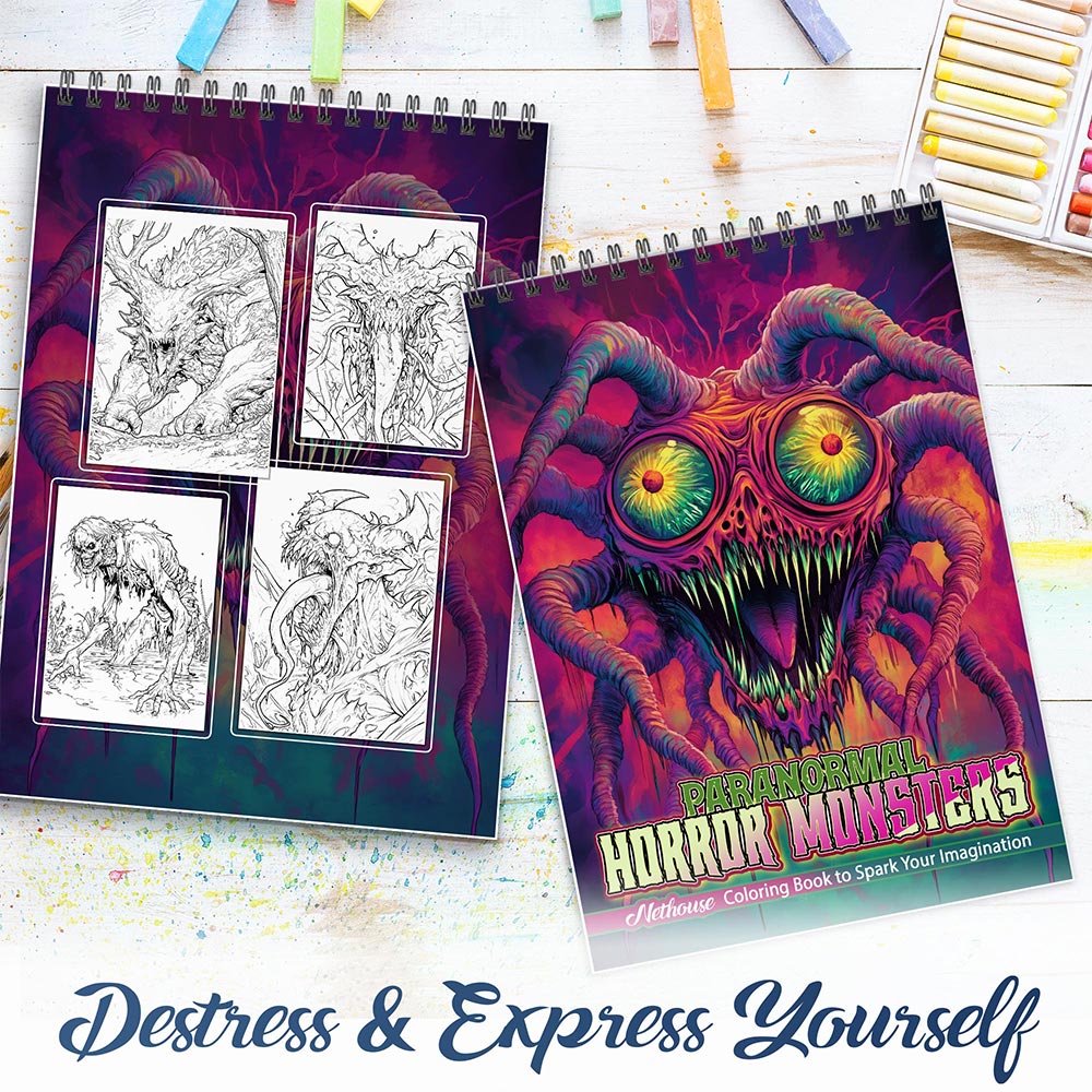 NETHOUSE Paranormal Horror Monsters Spiral Coloring Book For Adults