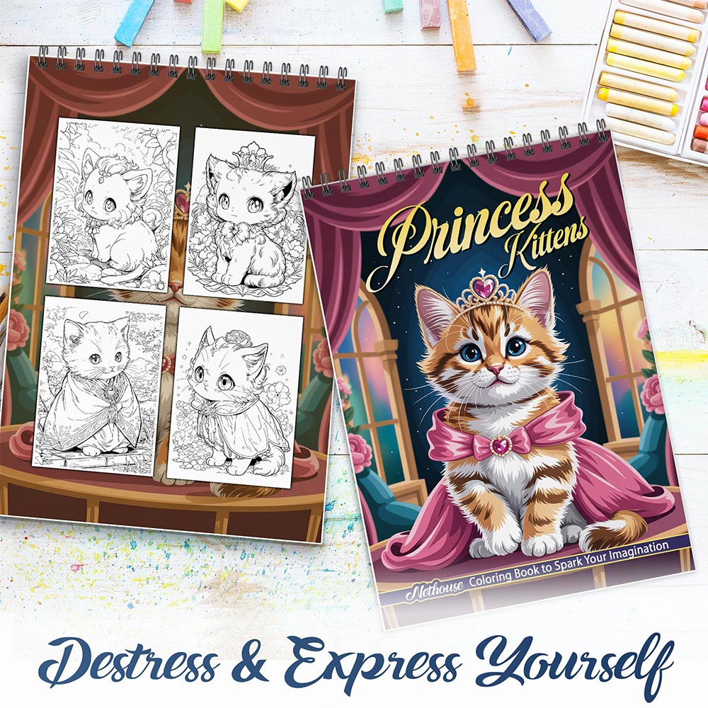 NETHOUSE Princess Kittens Spiral Coloring Book For Adults