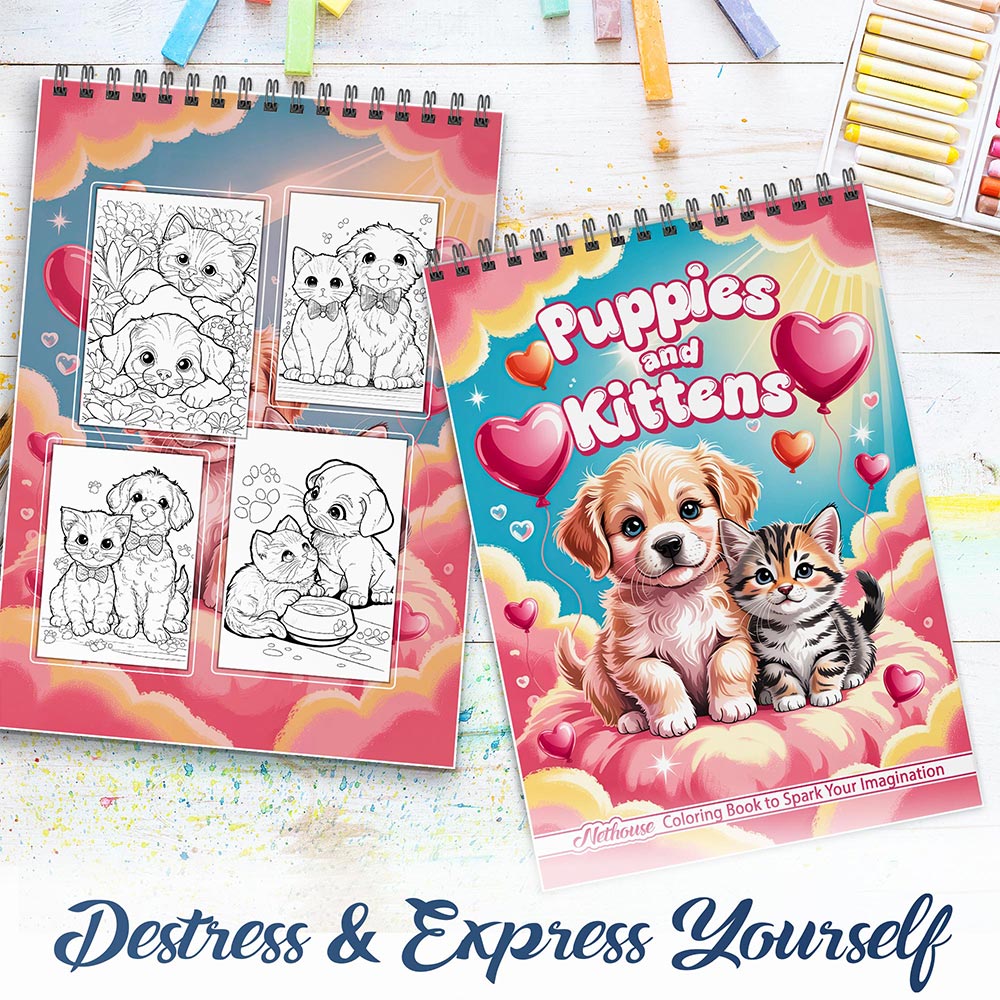 NETHOUSE Puppies and Kittens Spiral Coloring Book For Adults