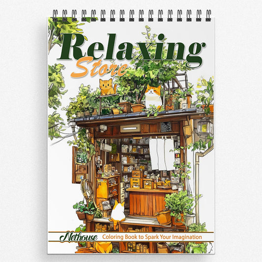 NETHOUSE Relaxing Store Coloring Book For Adults Relaxation & Stress Relief, 30 Coloring Pages of Cozy Shops, Calm Market Scenes, Peaceful Storefronts, and Tranquil Shopping Adventures