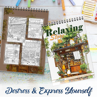 NETHOUSE Relaxing Store Coloring Book For Adults Relaxation & Stress Relief, 30 Coloring Pages of Cozy Shops, Calm Market Scenes, Peaceful Storefronts, and Tranquil Shopping Adventures