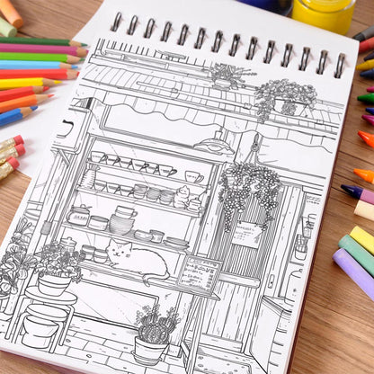 NETHOUSE Relaxing Store Coloring Book For Adults Relaxation & Stress Relief, 30 Coloring Pages of Cozy Shops, Calm Market Scenes, Peaceful Storefronts, and Tranquil Shopping Adventures
