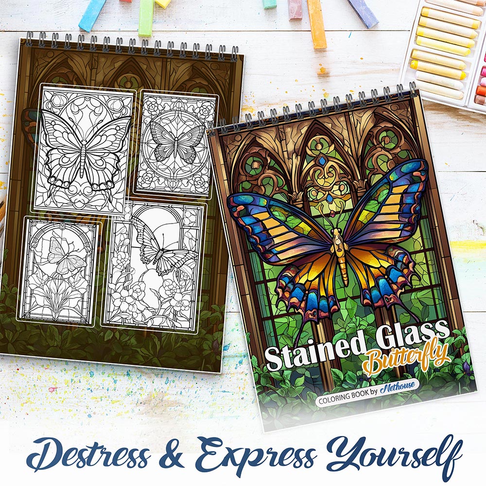 NETHOUSE Stained Glass Butterfly Spiral Coloring Book For Adults