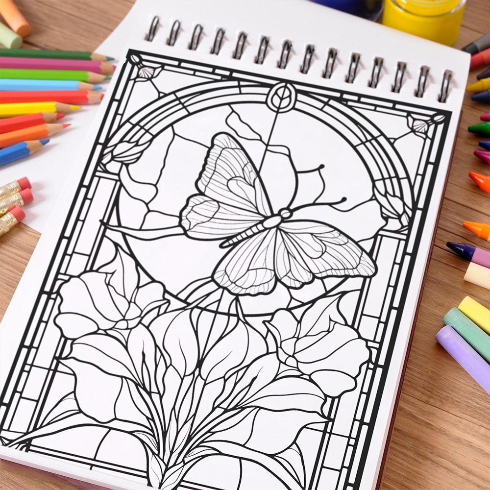 NETHOUSE Stained Glass Butterfly Coloring Book Spiral Bound For Adults